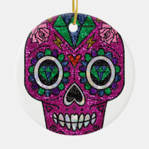 pink glitter sugar skull ceramic tree decoration