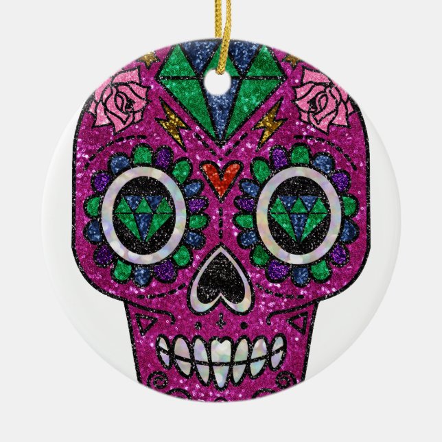 pink glitter sugar skull ceramic tree decoration (Front)