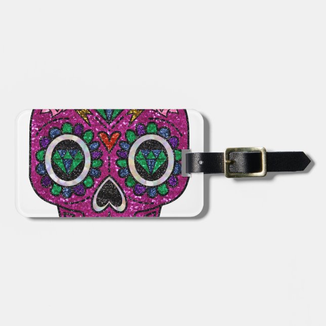 pink glitter sugar skull luggage tag (Front Horizontal)