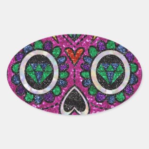 pink glitter sugar skull oval sticker