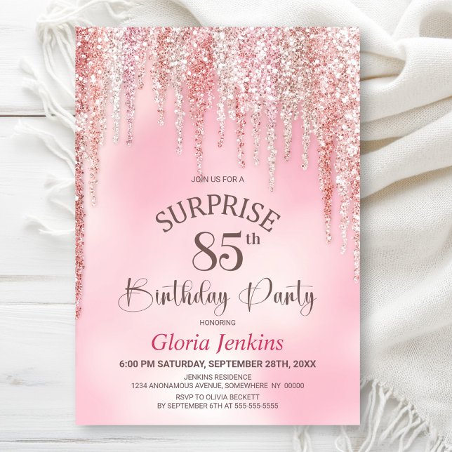 Pink Glitter Surprise 85th Birthday Party Invitation (Creator Uploaded)