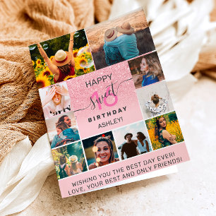Pink glitter sweet 16 birthday 11 photo collage card