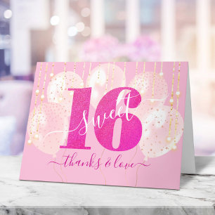 Pink Glitter Sweet 16 Birthday Balloon Girly Glam Thank You Card