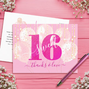 Pink Glitter Sweet 16 Birthday Balloon Thank You Postcard