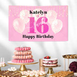 Pink Glitter Sweet 16 Birthday Balloons Script Banner<br><div class="desc">“Happy Sweet 16”. Celebrate her birthday with this stunning, simple, festive, modern, personalised banner. Bold, graphic, black typography and white handwritten script overlay a hot pink glitter “16”, blush pink balloons and gold sparkly string lights on a soft pink background. Personalise the custom text with your daughter’s name. Great for...</div>