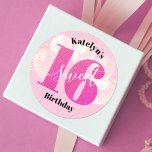 Pink Glitter Sweet 16 Birthday Balloons Script Classic Round Sticker<br><div class="desc">“Happy Sweet 16”. Celebrate her birthday with this stunning, simple, festive, modern, personalised round sticker. Bold, graphic, black typography and white handwritten script overlay a hot pink glitter “16”, blush pink balloons and gold sparkly string lights on a soft light pink background. Personalise the custom text with your daughter’s name....</div>