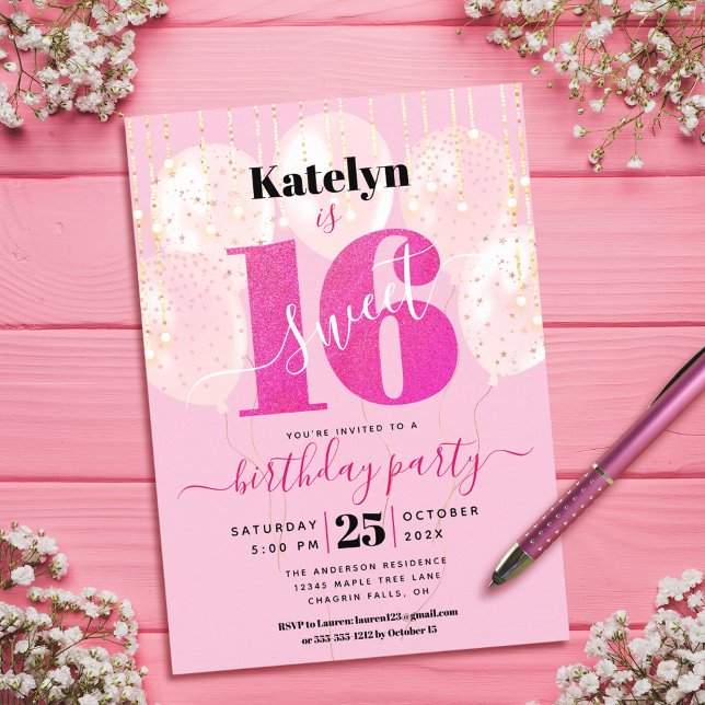 Pink Glitter Sweet 16 Birthday Chic Girly Balloons Invitation (Creator Uploaded)
