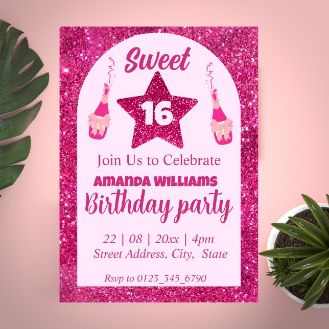 Pink Glitter Sweet 16 Birthday Invitation (Creator Uploaded)