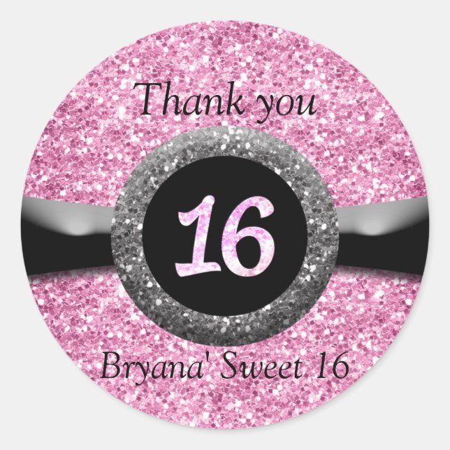 Pink Glitter Sweet 16 Birthday Party Favour Sticke Classic Round Sticker (Front)