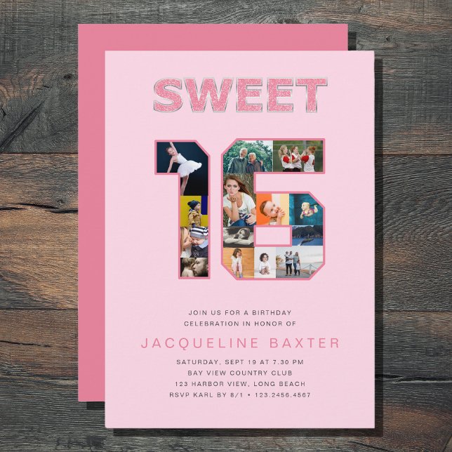 Pink Glitter Sweet 16 Birthday Photo Invitation (Creator Uploaded)