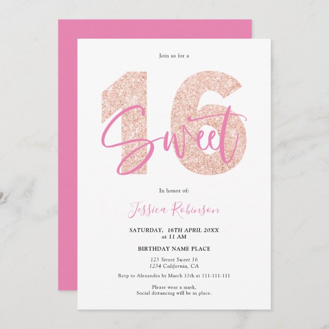 Pink glitter Sweet 16 girly script photo birthday Invitation (Front/Back)