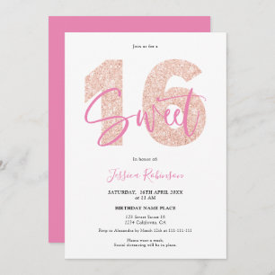 Pink glitter Sweet 16 girly script photo birthday Invitation