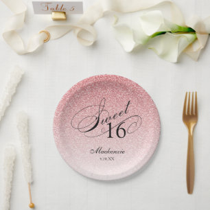 Pink Glitter Sweet 16 Personalised Paper Plate