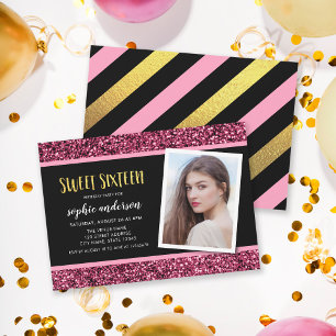 Pink Glitter Sweet 16 Photo Birthday Invitation