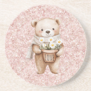 Pink Glitter Sweet Bear Daisy Flowers Coaster