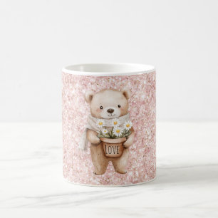 Pink Glitter Sweet Bear Daisy Flowers Coffee Mug