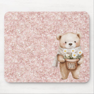 Pink Glitter Sweet Bear Daisy Flowers Mouse Pad