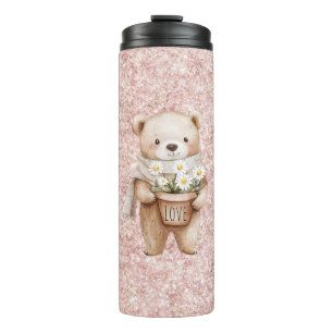Pink Glitter Sweet Bear Daisy Flowers Thermal Tumbler