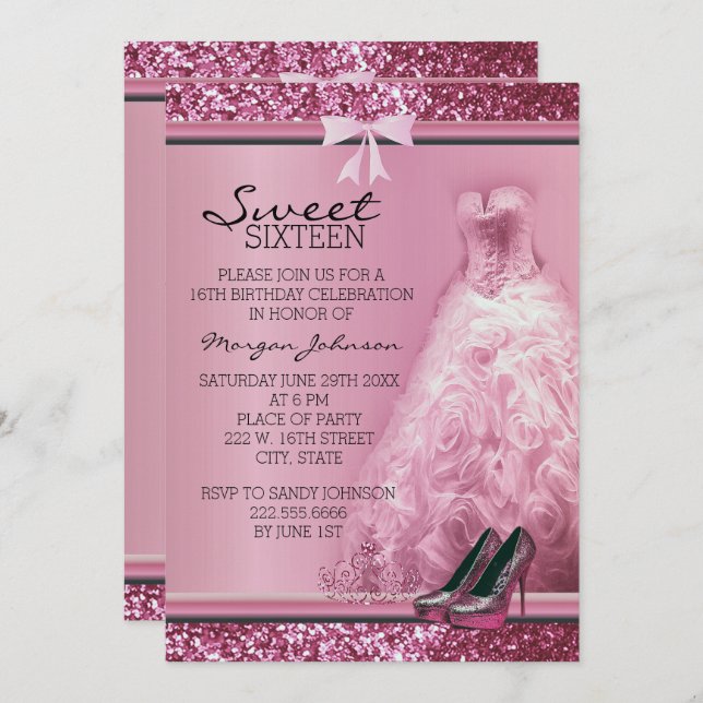 Pink Glitter Sweet Sixteen Birthday Invitation (Front/Back)