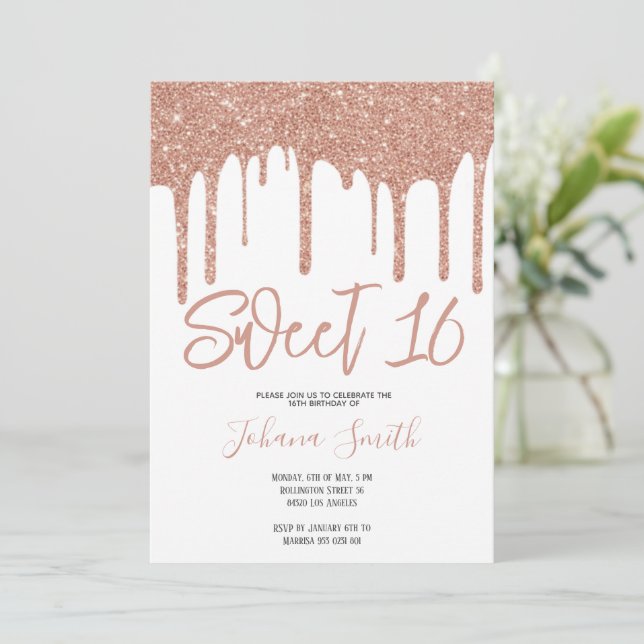 Pink Glitter Sweet Sixteen Girl Birthday Party Invitation (Standing Front)