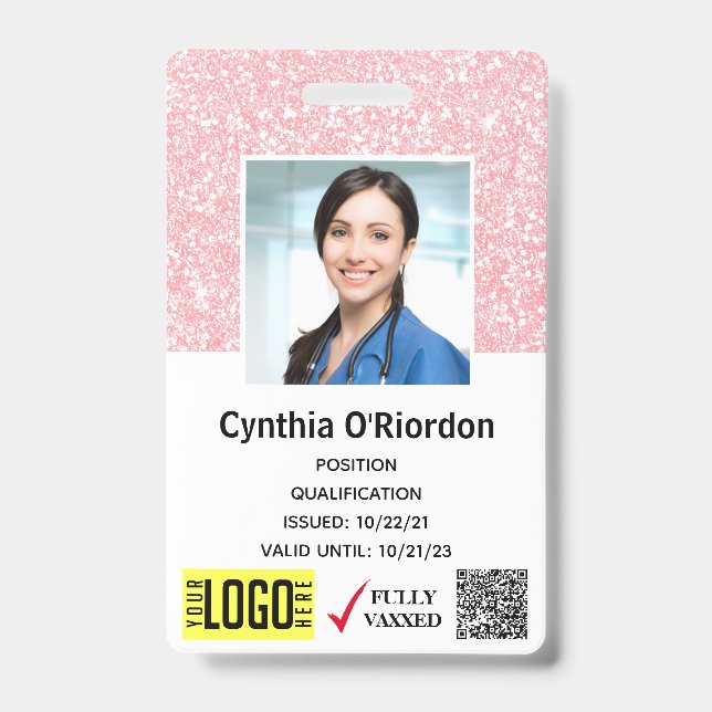Pink Glitter Technician Photo ID QR Barcode Badge (Front)