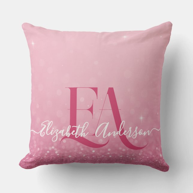 Pink Glitter Throw Pillow with Initials & Name (Front)
