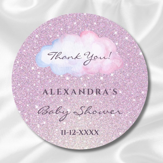Pink Glitter Trendy Cloud Baby Shower Thank You Classic Round Sticker (Creator Uploaded)
