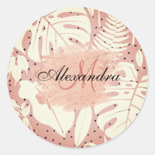 Pink Glitter Tropical Leaves Classic Round Sticker