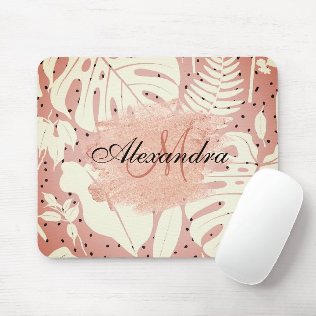 Pink Glitter Tropical Leaves Mouse Pad (With Mouse)