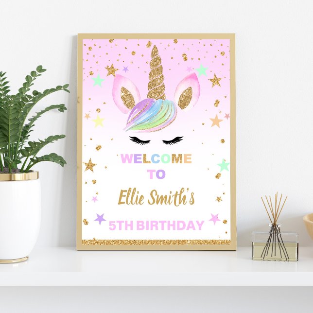 Pink Glitter Unicorn Birthday Party Welcome Sign (Pink Glitter Welcome Sing Unicorn Poster)