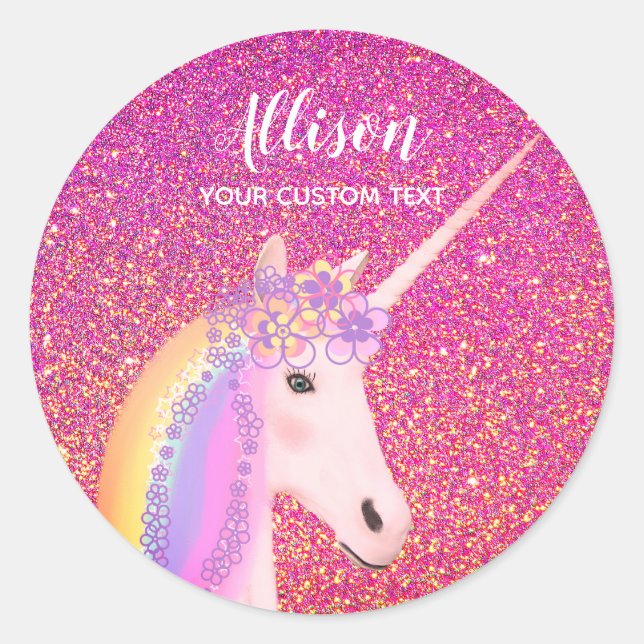 Pink Glitter Unicorn Custom  Classic Round Sticker (Front)