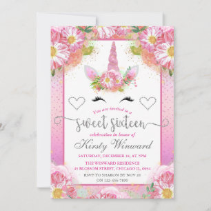 Pink Glitter Unicorn Face Floral Sweet Sixteen Invitation