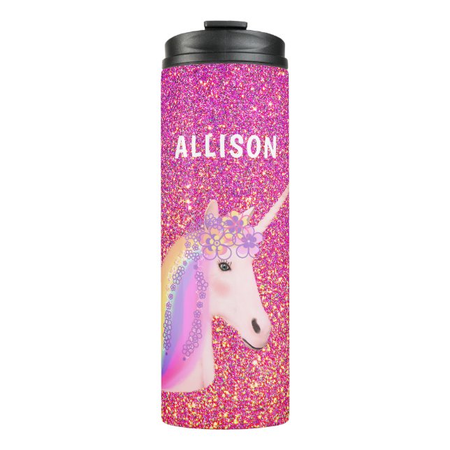 Pink Glitter Unicorn Girly Personalized Thermal Tumbler (Front)