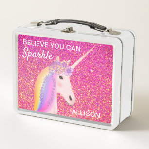 Pink Glitter Unicorn Girly Sparkle Personalized Metal Lunch Box