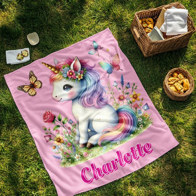 Pink Glitter unicorn meadow wildflowers  Fleece Blanket (Creator Uploaded)