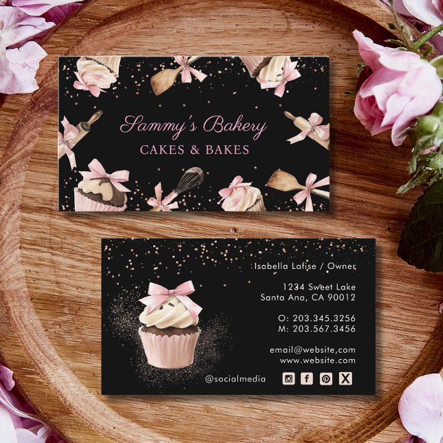 Pink Glitter Utensils Cooking & Cupcake Bakery Business Card (Creator Uploaded)