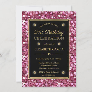 Pink Glitter Valentine Hearts 21st Birthday Invitation