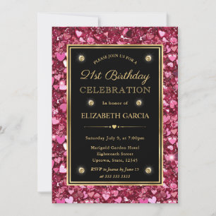 Pink Glitter Valentine Hearts 21st Birthday Invitation