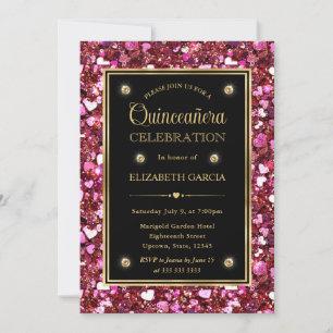 Pink Glitter Valentine Hearts Quinceanera Invitation