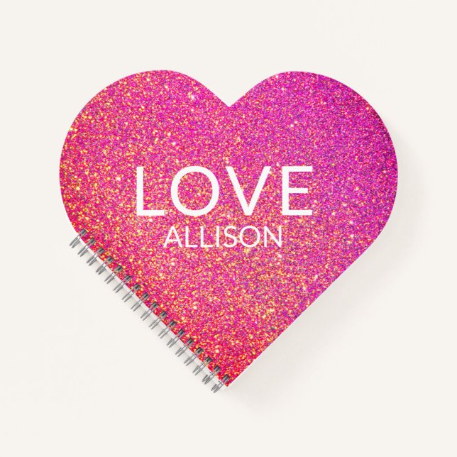 Pink Glitter Valentines Day Love Heart Shaped Name Notebook (Front)