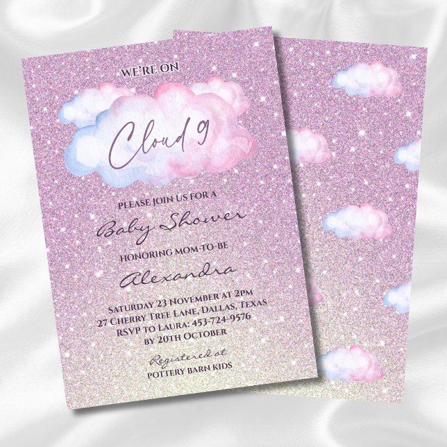Pink Glitter Watercolor Cloud Baby Shower Invitation (Creator Uploaded)
