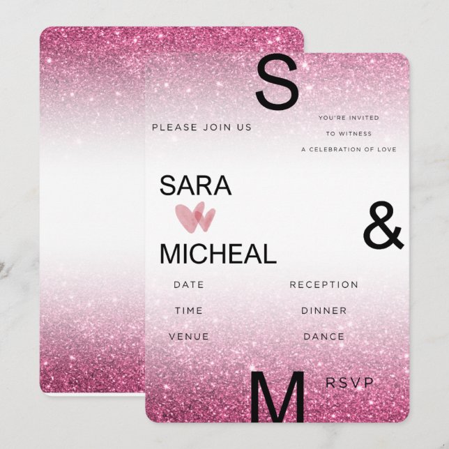 Pink Glitter Wedding Invitation – Modern Minimalis (Front/Back)