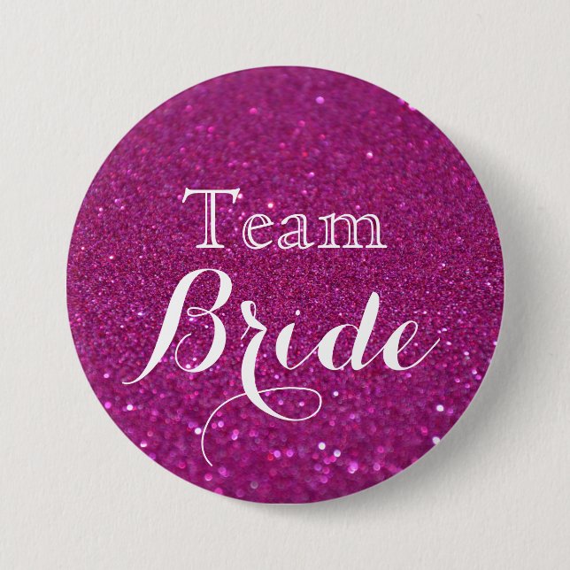 Pink Glitter Wedding Team Bride Button (Front)