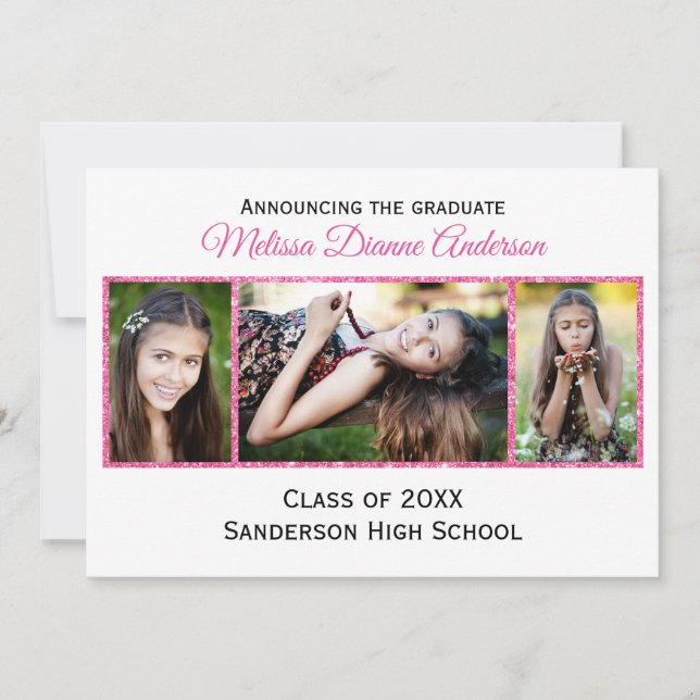 Pink Glitter/White Background - Grad Announcement (Front)