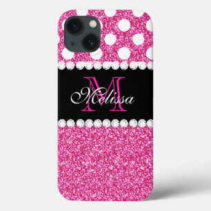 Pink Glitter White Polka Dots Monogrammed iPhone 13 Case