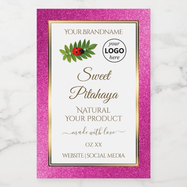 Pink Glitter White Product Labels Gold Frame Logo (Single Label)