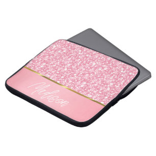Pink Glitter White Sparks With Monogram Laptop Sle Laptop Sleeve
