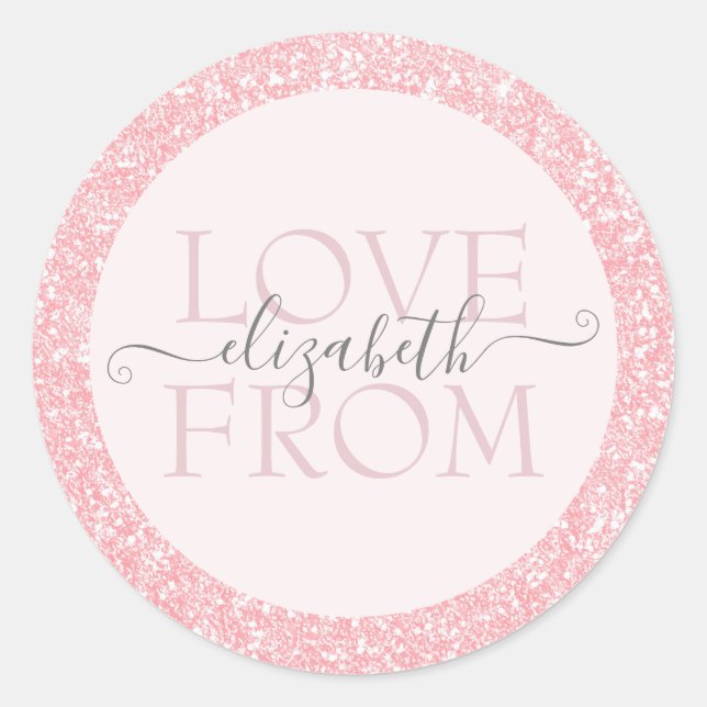 Pink Glitter With Love Name Custom Classic Round Sticker (Front)
