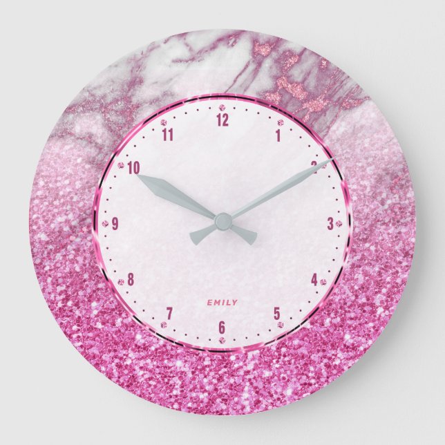 Pink glitter with white and pink faux marble large clock (Front)