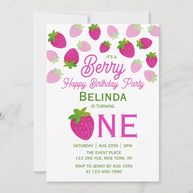 Pink Glitter Y2K Strawberry 1st Birthday Invitation (Front)